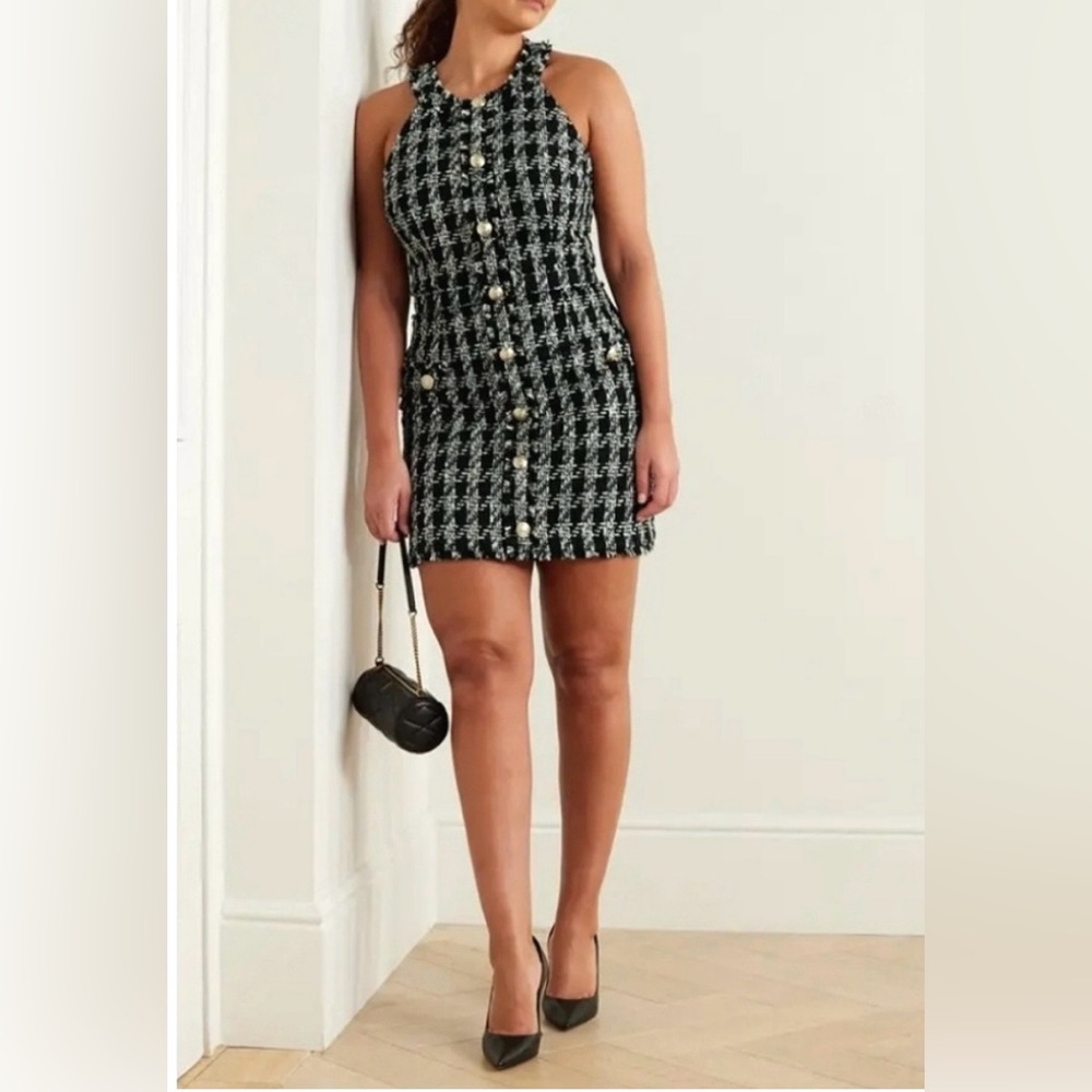 L’AGENCE - Tweed Button Mini Dress Houndstooth in Black and White
